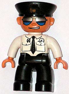 Duplo Figure Lego Ville, Male Pilot, Black Legs, White Top with Airplane Logo and Black Tie, Police Hat, Sunglasses
