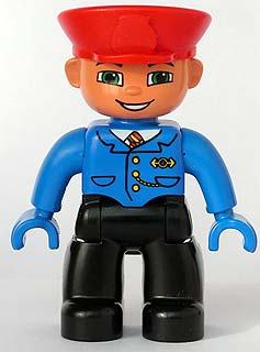 Duplo Figure Lego Ville, Male Train Conductor, Black Legs, Blue Jacket with Tie, Blue Hands, Red Hat, Smile with Teeth