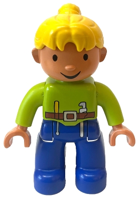 Duplo Figure Lego Ville, Female, Blue Legs, Lime Top with Belt, Screwdriver, and Wrench, Yellow Ponytail Hair &#40;Wendy&#41;