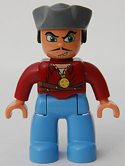 Duplo Figure Lego Ville, Male Pirate, Medium Blue Legs, Dark Red Top, Dark Bluish Gray Pirate Hat, Blue Eyes