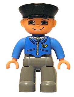 Duplo Figure Lego Ville, Male Post Office, Dark Bluish Gray Legs, Blue Jacket with Mail Horn, Black Police Hat