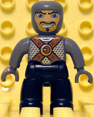 Duplo Figure Lego Ville, Male Castle, Black Legs, Dark Bluish Gray Chest with Brown Belts, Dark Bluish Gray  Arms, Dark Bluish Gray Hands