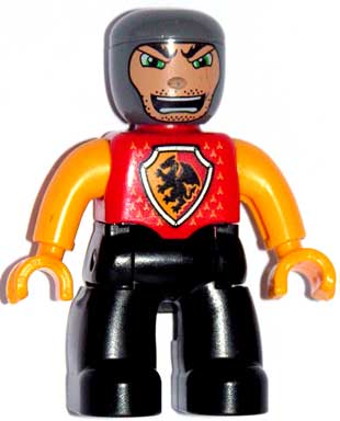 Duplo Figure Lego Ville, Male Castle, Black Legs, Red Chest with Dragon Shield, Bright Light Orange Arms and Hands, Stubble and Open Mouth