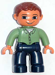 Duplo Figure Lego Ville, Male, Dark Blue Legs, Sand Green Top with Buttons, Reddish Brown Hair, Blue Eyes