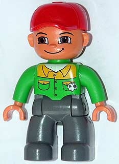 Duplo Figure Lego Ville, Male, Dark Bluish Gray Legs, Bright Green Button Down Shirt, Red Cap, Brown Eyes, Closed Mouth Smile (Mechanic)