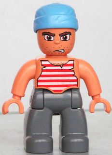Duplo Figure Lego Ville, Male Pirate, Dark Bluish Gray Legs, Red and White White Striped Top, Medium Blue Cloth Wrap &#40;Pirate&#41;
