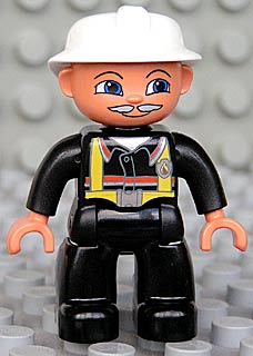 Duplo Figure Lego Ville, Male Fireman, Black Legs, Nougat Hands, White Helmet, Light Gray Moustache