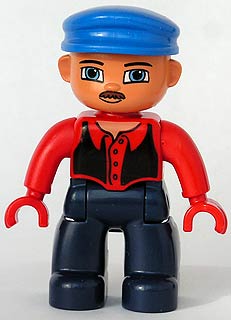 Duplo Figure Lego Ville, Male, Dark Blue Legs, Red Top with Black Vest, Red Hands, Blue Cap, Blue Eyes, Moustache