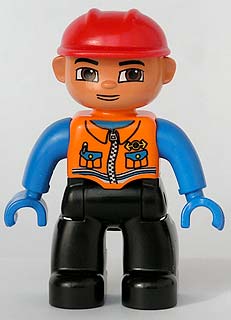 Duplo Figure Lego Ville, Male, Black Legs, Orange Vest with Two Pockets and Pen, Blue Hands, Red Construction Helmet (Train Engineer)