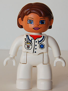 Duplo Figure Lego Ville, Female, Medic, White Legs, White Top with Pocket and EMT Star of Life Pattern, Reddish Brown Hair, Blue Eyes, White Hands