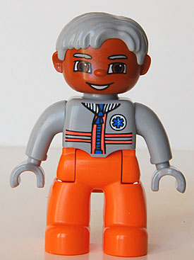 Duplo Figure Lego Ville, Male Medic, Orange Legs, Light Bluish Gray Top with Zipper and Stripes, Light Bluish Gray Hair, Light Bluish Gray Hands
