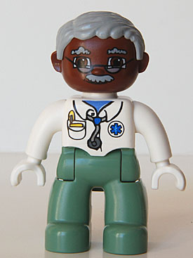 Duplo Figure Lego Ville, Male Medic, Sand Green Legs, White Top with Stethoscope, Light Bluish Gray Hair, Brown Head, Glasses, Moustache, White Hands