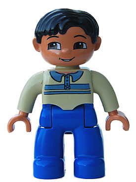 Duplo Figure Lego Ville, Male, Blue Legs, Tan Pullover with Buttons and Stripes, Black Hair, Brown Eyes, Nougat Hands
