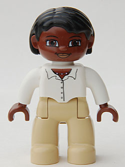 Duplo Figure Lego Ville, Female, Tan Legs, White Top with Buttons and Necklace, Black Hair, Brown Head