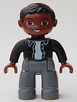 Duplo Figure Lego Ville, Male, Dark Bluish Gray Legs, Black Top with Buttons, Black Hair, Brown Head