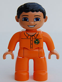 Duplo Figure Lego Ville, Male, Orange Legs, Nougat Hands, Orange Top with Recycle Logo, Black Hair, Blue Eyes