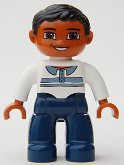 Duplo Figure Lego Ville, Male, Dark Blue Legs, White Top with Buttons and Stripes, Black Hair, Brown Eyes