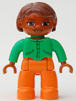 Duplo Figure Lego Ville, Female, Orange Legs, Bright Green Top with Buttons and Pockets, Reddish Brown Hair, Brown Eyes