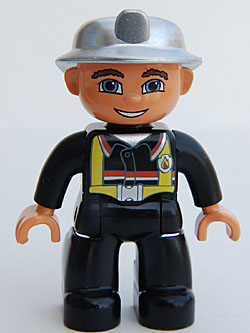 Duplo Figure Lego Ville, Male Fireman, Black Legs, Nougat Hands, Silver Helmet, Blue Eyes &#40;4558027&#41;