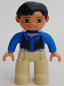 Duplo Figure Lego Ville, Male, Tan Legs, Blue Top, Black Vest, Black Hair