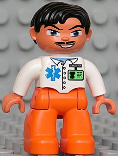 Duplo Figure Lego Ville, Male Medic, Orange Legs, White Top with ID Badge and EMT Star of Life Pattern, Black Hair, Blue Eyes, Moustache