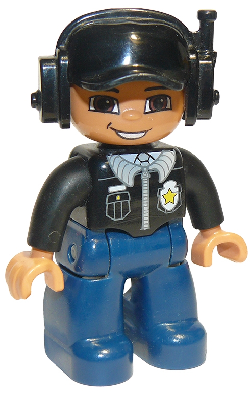 Duplo Figure Lego Ville, Male Police, Black Cap with Headset, Light Nougat Head and Hands, Black Shirt with Badge, Dark Blue Legs
