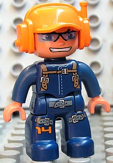 Duplo Figure Lego Ville, Male, Dark Blue Legs & Jumpsuit with Straps, Orange Cap with Headset