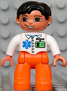 Duplo Figure Lego Ville, Male Medic, Orange Legs, White Top with ID Badge and EMT Star of Life Pattern, Black Hair, Brown Eyes