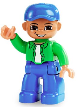 Duplo Figure Lego Ville, Male, Blue Legs, Bright Green Top with White Undershirt, Blue Cap