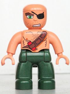 Duplo Figure Lego Ville, Male Pirate, Dark Green Legs, Nougat Top with Strap and Dynamite, Bald Head, Eye Patch