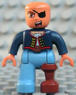 Duplo Figure Lego Ville, Male Pirate, Medium Blue Legs, Dark Blue Top with Buttons, Bald Head, Eye Patch, Peg Leg