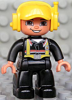 Duplo Figure Lego Ville, Male Fireman, Black Legs, Nougat Hands, Yellow Cap with Headset