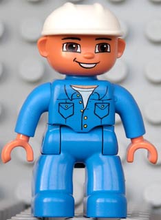 Duplo Figure Lego Ville, Male, Blue Legs, Blue Top with Pockets, White Construction Helmet, Brown Eyes and Open Mouth Smile