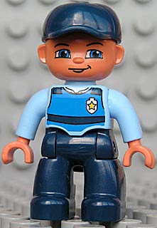 Duplo Figure Lego Ville, Male, Dark Blue Legs, Light Blue Top with Life Jacket and Badge, Dark Blue Cap