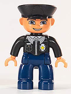Duplo Figure Lego Ville, Male Police, Dark Blue Legs, Black Top with Badge, Black Arms, Black Hat, Blue Eyes