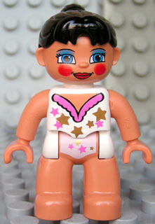 Duplo Figure Lego Ville, Female Tightrope Walker, Light Nougat Legs, White Top with Stars, Black Ponytail Hair, Blue Eyes