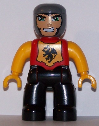 Duplo Figure Lego Ville, Male Castle, Black Legs, Red Chest with Dragon Emblem, Bright Light Orange Arms and Hands, Lefty Smile