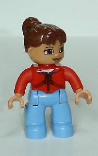 Duplo Figure Lego Ville, Female, Medium Blue Legs, Red Jacket with Black Zipper and Pockets, Reddish Brown Ponytail Hair