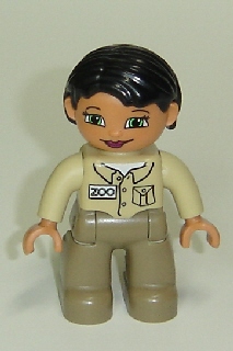 Duplo Figure Lego Ville, Female, Dark Tan Legs, Tan Top, Black Hair (Zoo Keeper)