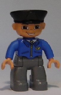 Duplo Figure Lego Ville, Male Post Office, Dark Bluish Gray Legs, Blue Jacket with Mail Horn, Black Police Hat, Smile with Teeth