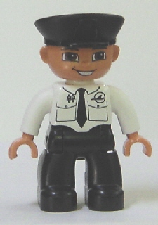 Duplo Figure Lego Ville, Male Pilot, Black Legs, White Top with Airplane Logo and Black Tie, Police Hat