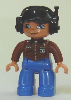 Duplo Figure Lego Ville, Male, Blue Legs, Brown Top with ID Badge, Black Cap with Headset