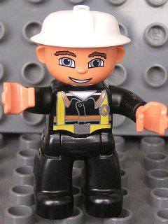 Duplo Figure Lego Ville, Male Fireman, Black Legs, Nougat Hands, White Helmet, Blue Eyes