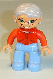 Duplo Figure Lego Ville, Female, Medium Blue Legs, Red Sweater, Very Light Gray Hair, Blue Eyes, Glasses