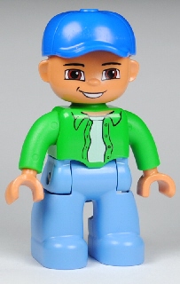 Duplo Figure Lego Ville, Male, Medium Blue Legs, Bright Green Top with White Undershirt, Blue Cap