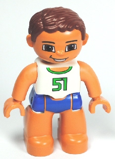 Duplo Figure Lego Ville, Male, Blue Swim Trunks, White Top with Green '51', Reddish Brown Hair