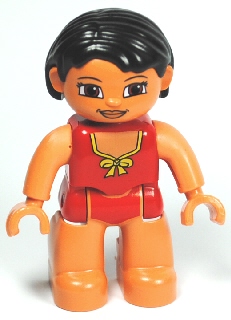 Duplo Figure Lego Ville, Female, Red Swimsuit with Yellow Bow, Black Hair