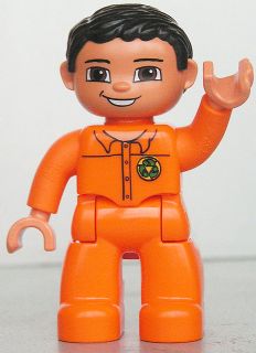 Duplo Figure Lego Ville, Male, Orange Legs, Nougat Hands, Orange Top with Recycle Logo, Black Hair, Brown Eyes