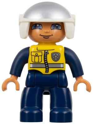 Duplo Figure Lego Ville, Male Police, Dark Blue Legs & Jumpsuit with Yellow Vest, White Helmet
