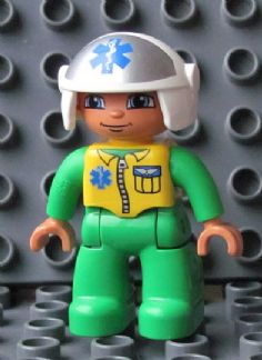 Duplo Figure Lego Ville, Male Medic, Bright Green Legs & Jumpsuit with Yellow Vest, White Helmet with EMT Star of Life Pattern